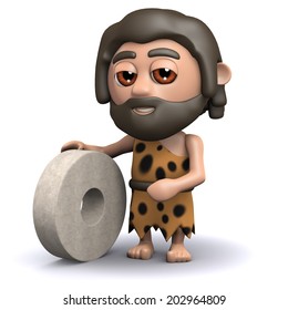 3d render of a caveman with a stone wheel