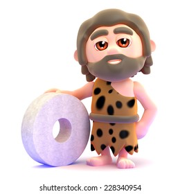 3d render of a caveman with a stone wheel.