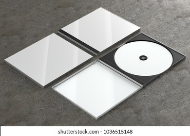 3d render of a cd dvd compact disc plastic box mockup on concrete background. Perspective view.