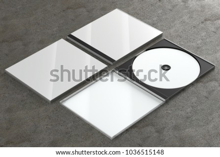 3d render of a cd dvd compact disc plastic box mockup on concrete background. Perspective view.