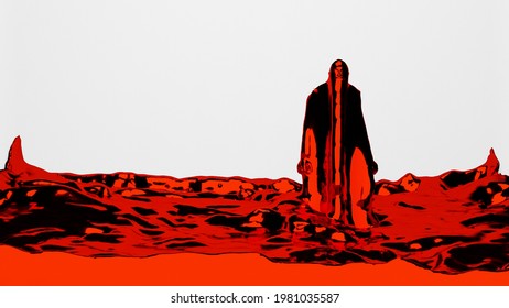 3D Render CGI Liquid Man Made of Red Blood Dancing in White Background