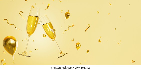 3d render of champagne two glasses floating on gold background,Christmas and New Year holidays - Powered by Shutterstock