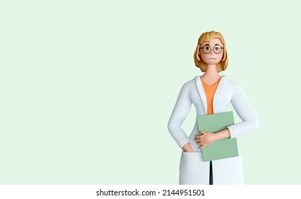 3d Render Character Doctor. Female Doctor Of Medicine Wears White Uniform And Glasses. Medical Clipart Isolated On A Green Background. 3d Illustration