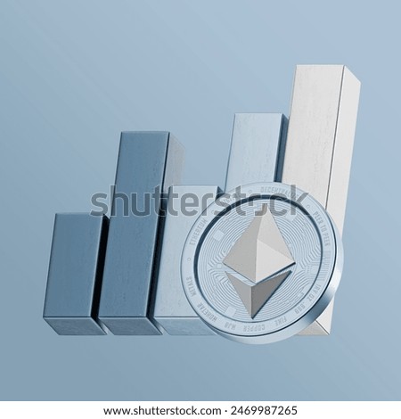 3d render charts with ethereum eth coins. Blue flexible stock arrow up growth icon. Investment and NFT growth concept. crypto 3d render illustration