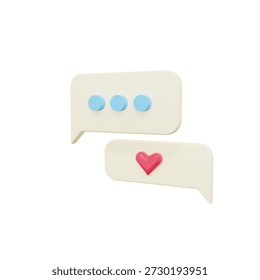 3D render of chat dialog box with heart icon, symbolizing love and affection, perfect for Valentine’s theme.