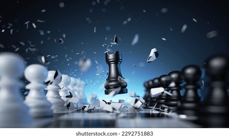 3d render, chess game dramatic battle, black rook chess piece aggressive move. Successful business planning, defeat concept