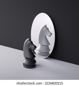 3d render, chess game knight piece stands in front of the round mirror with different reflection. Inner feeling concept. Mental disorder condition. Minimalist composition