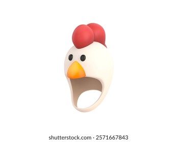 3D render of a chicken-themed hat featuring a white base, red comb, and a cute orange beak. A playful cartoon illustration ideal for whimsical designs