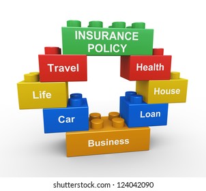 3d render of child toy blocks representing various type of insurance policy