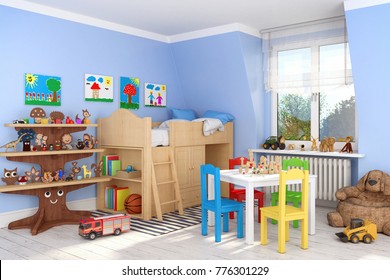 3d render of a children's room with bed and toys - boy
