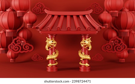 3d render of Chinese gate with dragon pole and lanterns for Happy Chinese new year 2024 on red background. - Powered by Shutterstock