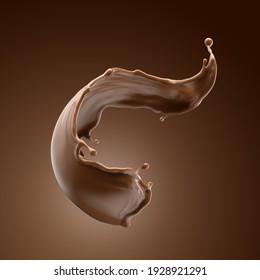 3d render, chocolate splash, cacao drink or coffee, splashing cooking ingredient. Abstract brown liquid clip art isolated on brown background