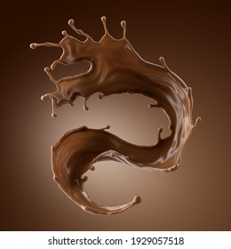 3d Render, Chocolate Splash, Cacao Drink Or Coffee, Splashing Cooking Ingredient. Abstract Wavy Dynamic Liquid. Brown Beverage Clip Art Isolated On Brown Background