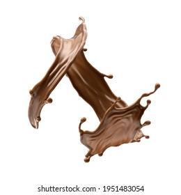 3d render, chocolate splash, cacao drink or coffee, splashing cooking ingredient. Abstract twisted liquid jet. Brown beverage clip art isolated on white background