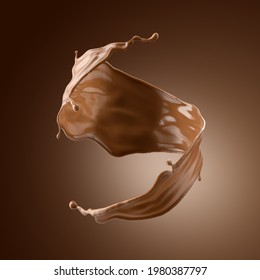 3d render, chocolate splash, cacao drink or coffee, splashing cooking ingredient. Abstract liquid spiral wave. Brown beverage clip art isolated on brown background