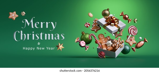 3d render. Christmas card with opened gift box decorated with festive ornaments, glass balls, gingerbread man, candies and cookies, isolated on green background. Winter holiday horizontal banner - Powered by Shutterstock