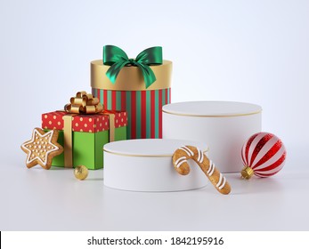 3d Render, Christmas Festive Background Decorated With Wrapped Gift Boxes. White Podium, Empty Pedestal, Round Stage, Product Display Showcase Mockup.