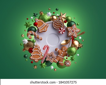 3d Render, Christmas Flat Lay Over Green Background. White Porcelain Plate Filled With Festive Treats, Gingerbread Cookies, Candy Cane. Holiday Food