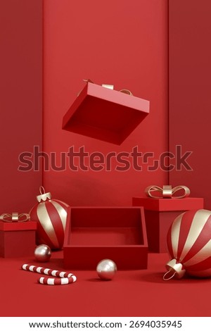 3D render of christmas gift box opening on a red background. Vertical story size template for mobile ads, unboxing, product launch, reveal and holiday promotion.
