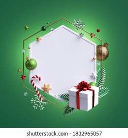 3d render, Christmas greeting card mockup. White hexagonal frame with copy space, decorated with glass balls, festive ornaments, wrapped gift box, candy cane, snow flakes; isolated on green background - Powered by Shutterstock