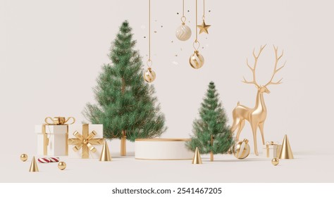 3D render, Christmas holiday celebration scene decorated with podium, tree, gift boxes, and ornament ball, minimal style for Xmas new year. - Powered by Shutterstock