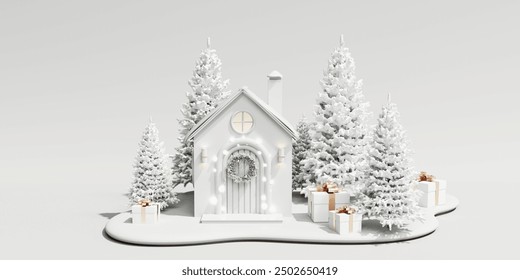 3d render of christmas house. The concept of New Year's town, santa's village. Greeting card with copy space with cute house and christmas trees in snow. Festive wreath on red door. - Powered by Shutterstock