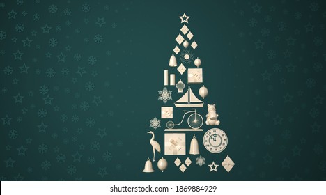 3d render of Christmas tree on green background with stars and snowflakes