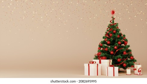 3d render of Christmas tree with red balls, white gift boxes, candles and gold stars on beige background.