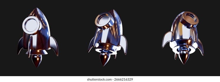 3d render of a chrome metallic rocket icon, isolated on a black background