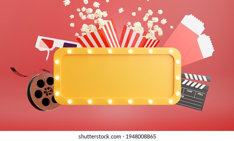 3d Render Of Cinema Billboard,popcorn,filmstrip,clapper,tickets,3d Glasses