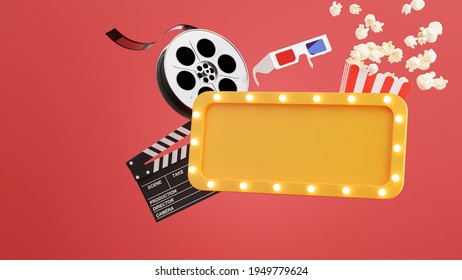 3d render of cinema billboard,popcorn,filmstrip,clapper,tickets,3d glasses