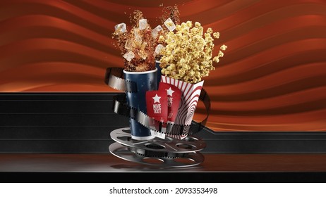 3d Render Of Cinema Concessions. A Large Soda With A Bag Of Popcorn And Two Movie Tickets Float Above A Movie Reel In Center Screen.