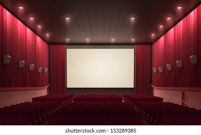 3d Render Cinema Stage (sound System, Spectacular Lighting, Upholstered In Red Fabric)