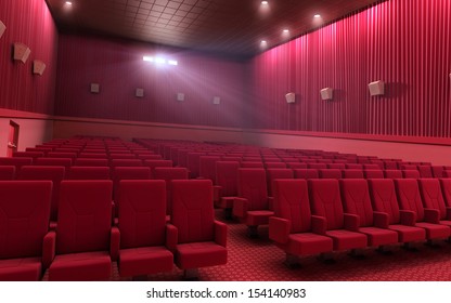 3d Render Cinema Stage (sound System, Spectacular Lighting, Upholstered In Red Fabric)