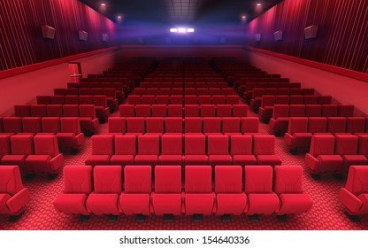 3d Render Cinema Stage (sound System, Spectacular Lighting, Upholstered In Red Fabric)