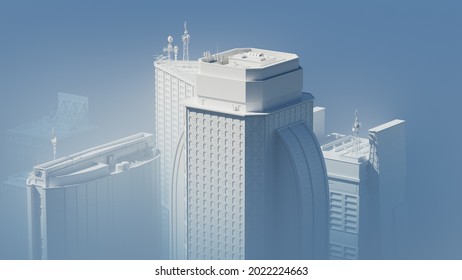 3d render of city skylines in a foggy environment. Abstract skyscrapers.