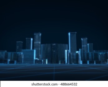 3D Render Of City X-ray Blue Transparent On Dark Background.