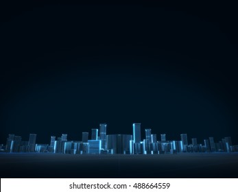 3D render of city x-ray blue transparent on dark background.