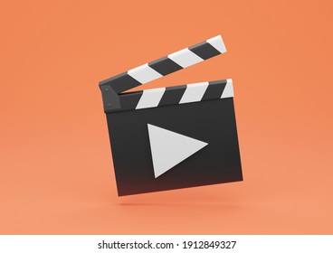 3d Render Clapperboard Film Slate and Play Button Orange Background 