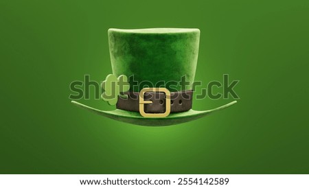 3D render of a classic green St. Patrick's Day hat with gold coins and shamrocks. A vibrant background symbolizing Irish culture and festive fun for advertising.