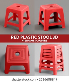 3D render of a classic red plastic stool from Vietnamese street culture. Includes multiple angles and stacking view. Ideal for cultural, product design, or urban lifestyle projects.