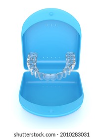 3d Render Of Clear And Removable Aligner With Case Over White Background