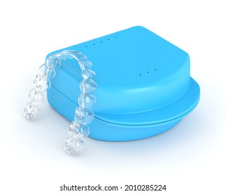 3d Render Of Clear And Removable Aligner With Case Over White Background