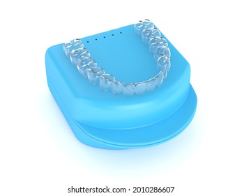 3d Render Of Clear And Removable Aligner With Case Over White Background