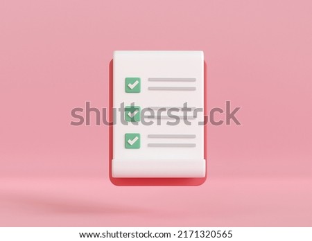 3d render clipboard with checklist  on pink background. note paper management check icon. Business time document marking task. working project plan symbol. 3d rendering illustration cartoon minimal.