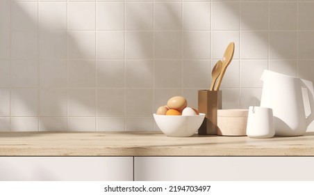 3D Render Close Up Blank Empty Space On Beautiful Wooden Kitchen Counter Top With Stylish Kitchen Ware, Fresh Eggs, Square White Ceramic Wall Tiles. Morning  Sunlight, Baking, Equipment, Background.