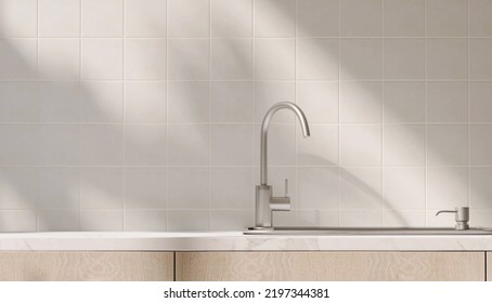 3D Render Close Up Blank Empty Space On White Marble Kitchen Counter Top With Modern Stainless Wash Basin Sink, Faucet And Built-in Soap Dispenser. Morning Sunlight, Wall, Household Products Display.