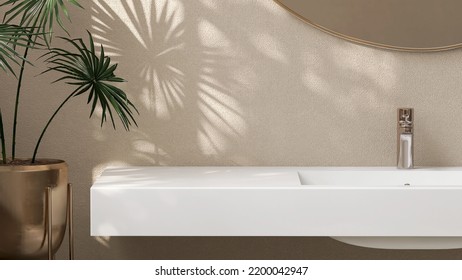 3D Render Close Up Blank Empty Space On White Marble Vanity Unit Counter Top With Wash Basin, Faucet And Mirror In An Exotic Style Bathroom. Tropical Decor Fan Palm, Foliage Leaves Shadow, Sunlight