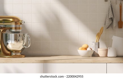 3D Render Close Up Blank Empty Space On Beautiful Wooden Kitchen Counter Top With Mixing Machine, Culinary And Baking Ingredients. Products Display Templates, Backdrop, Homemade, Kitchenware, Sunlight