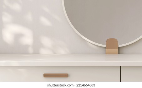 3D render close up blank empty space on modern beige dressing table with round mirror by the window with morning sunlight and foliages leaves shadow on the wall. Beauty products display templates.